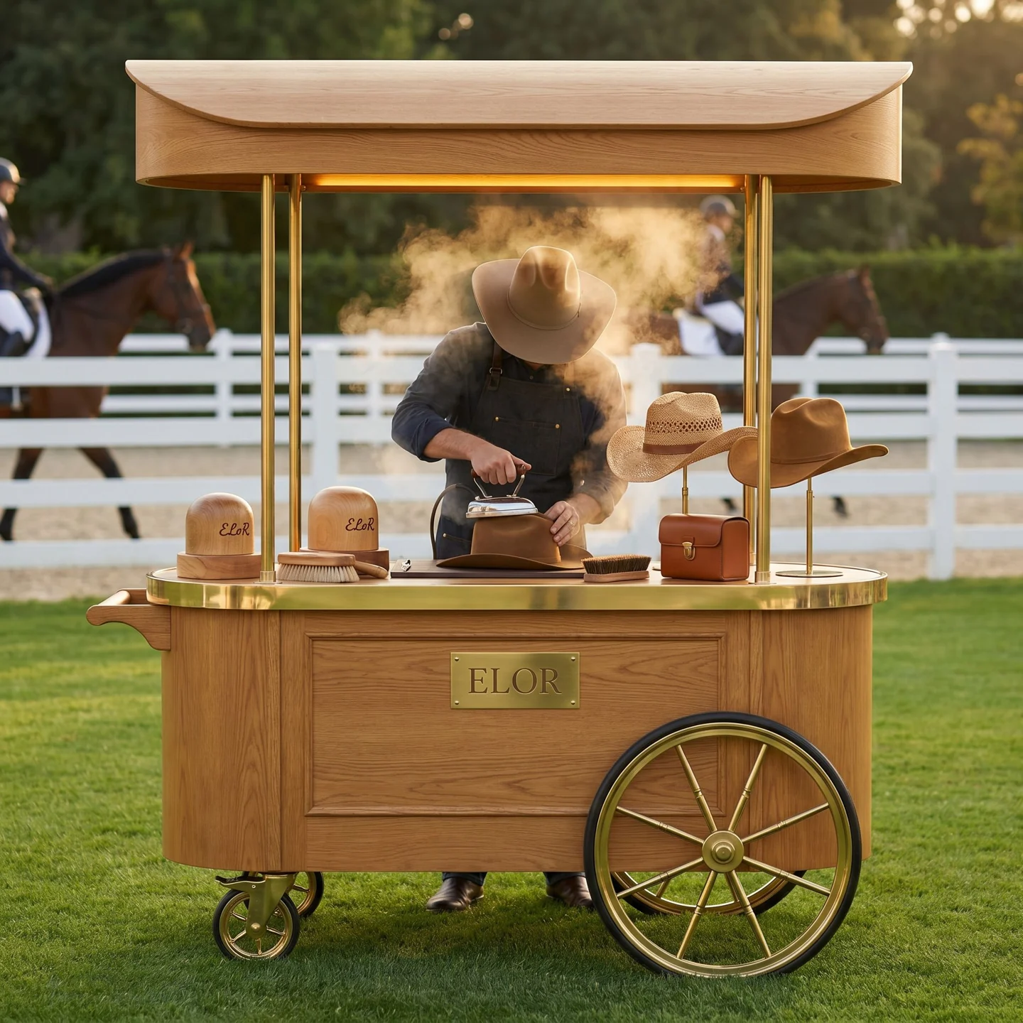 Carrito ELÓR de madera y latón con sombreros, hormas y plancha de vapor en un evento ecuestre