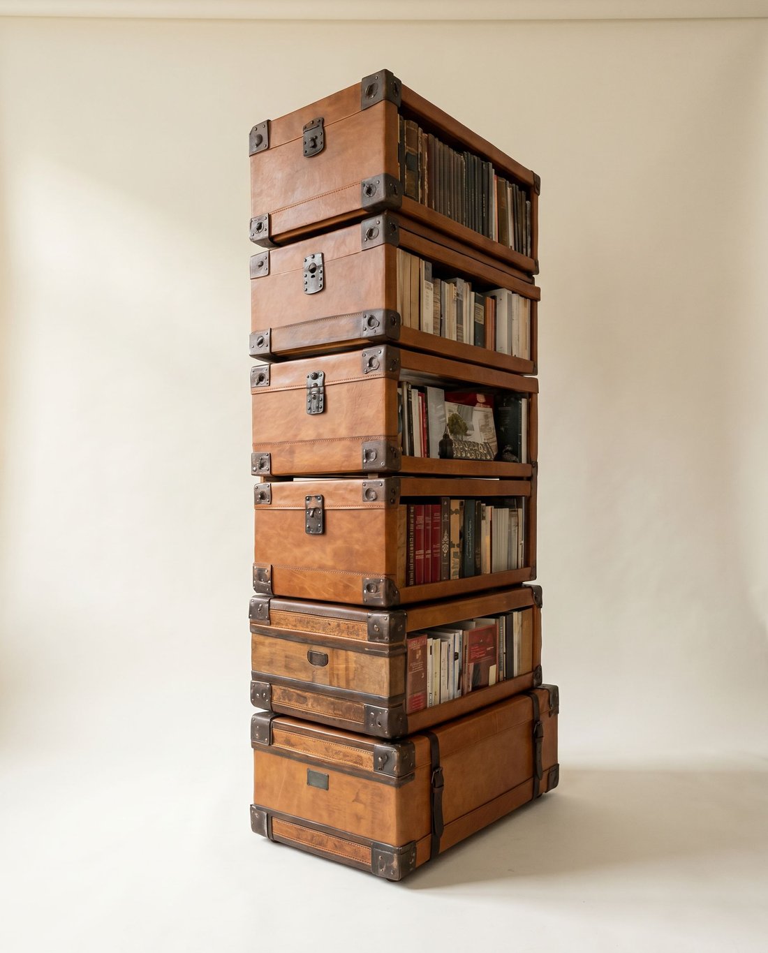 ALEJANDRÍA, biblioteca de baúles apilados en madera y cuero con esquineras metálicas, retrato de estudio