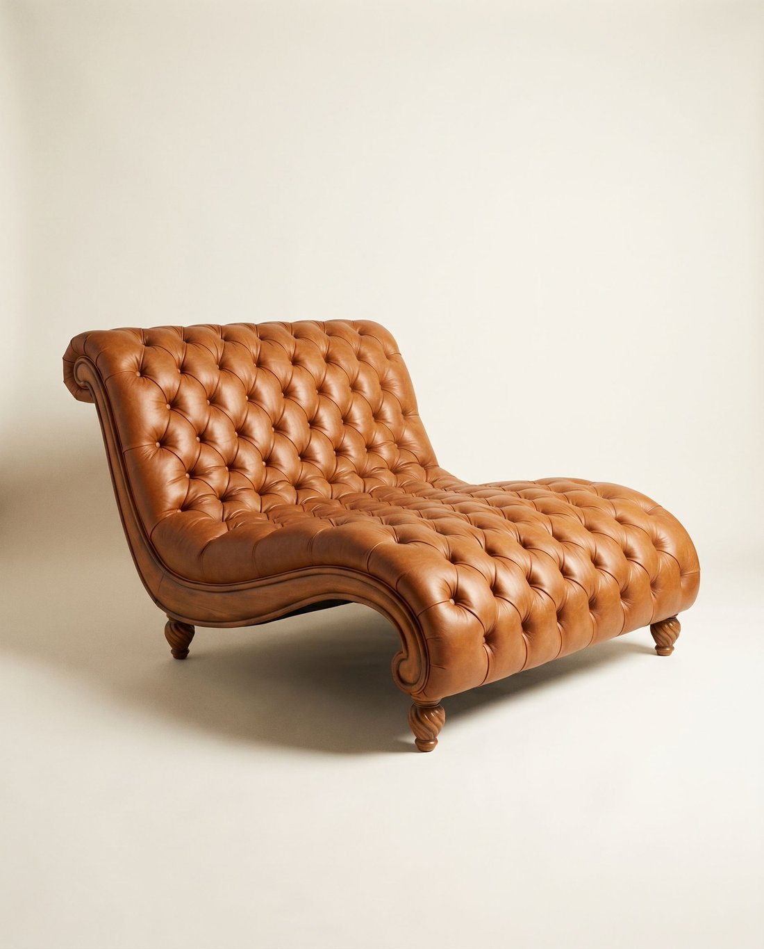 CASABLANCA, chaise doble con capitoné en cuero cognac y marco de madera tallada, retrato de estudio
