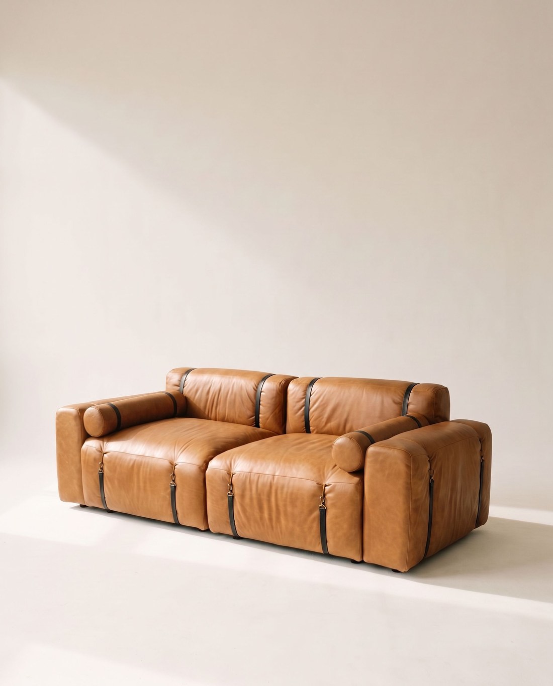 ONDA MODULAR de cuero cognac con correas negras, retrato de estudio