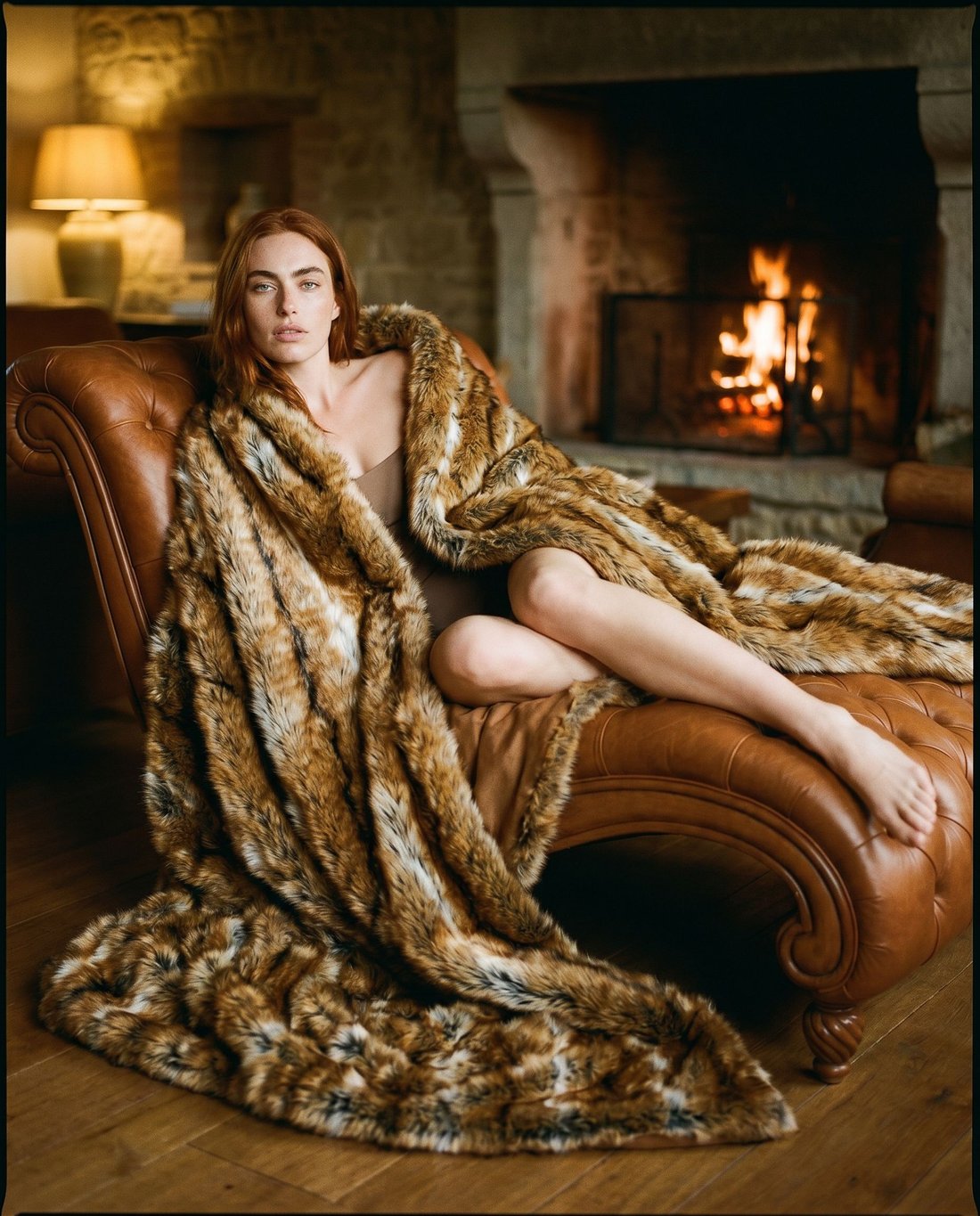 Modelo envuelta en la cobija de pelo sobre la chaise de cuero, junto a la chimenea