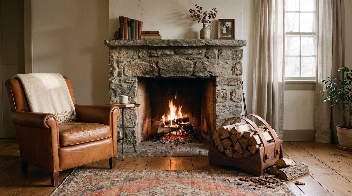 ANGARILLA, porta-leña de nogal con correas de cuero, junto a la chimenea